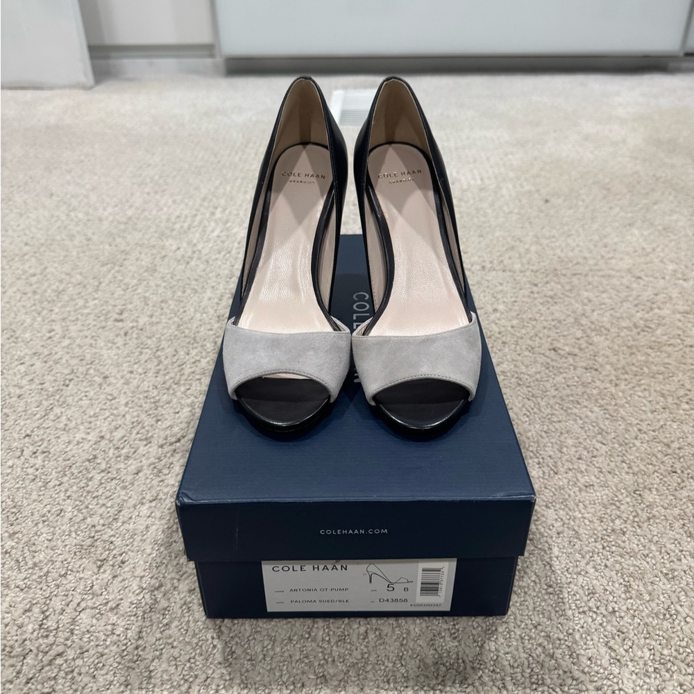 Cole Haan Two-Tone Peep-Toe Heels in Black and Light Gray